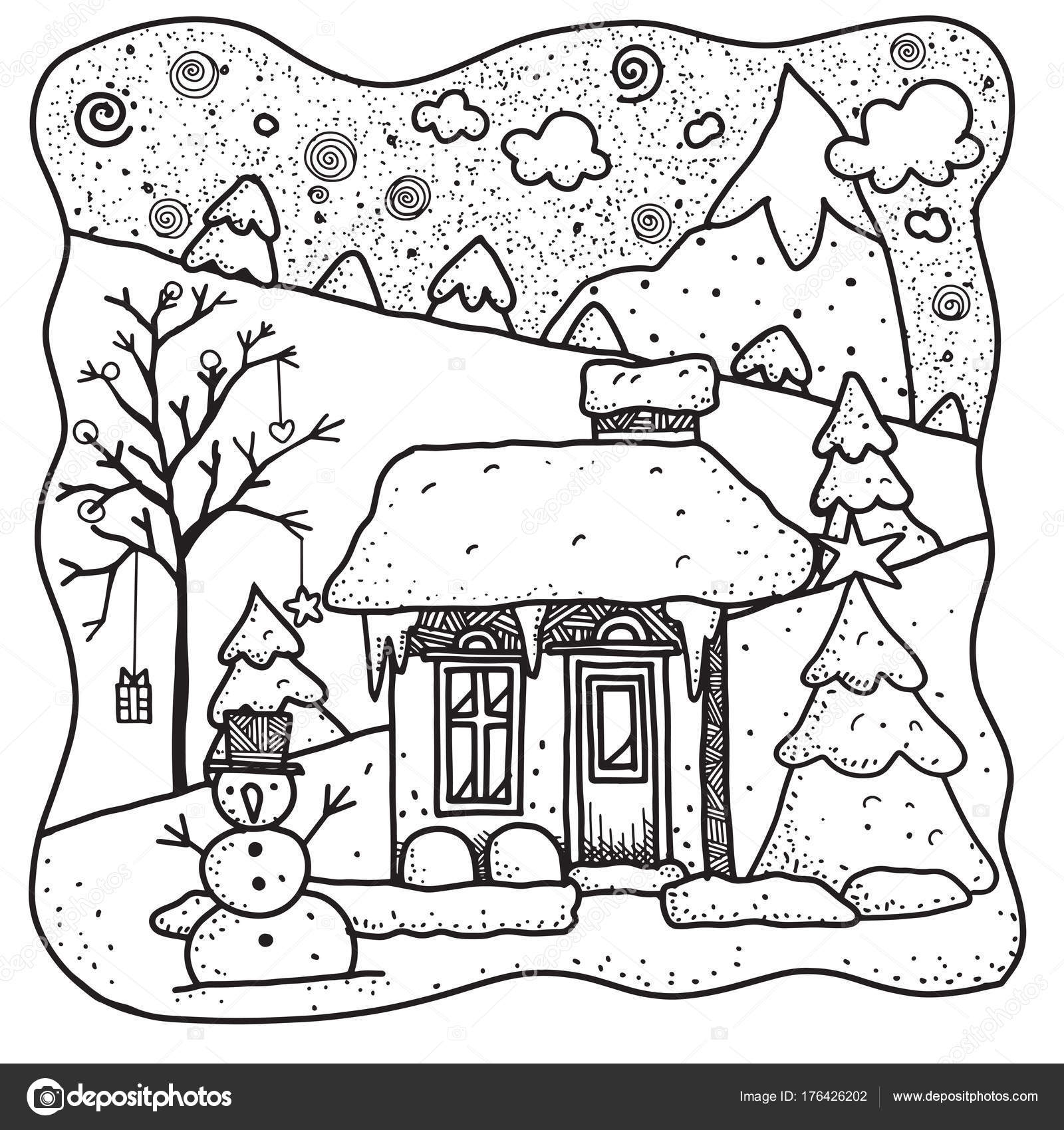 Hand drawn vector illustration christmas house covered snow with snowman and spruce christmas decorations background greeting cardmerry christmas happy new year pattern for adult coloring book flat design vector illustration stock vector