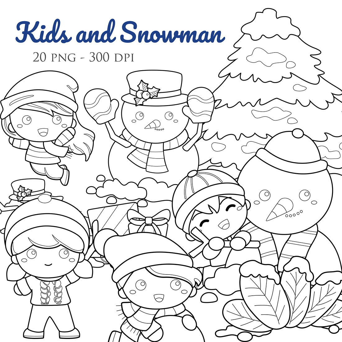 Happy kids and snowman christmas holiday celebrate cartoon digital stamp outline black and white