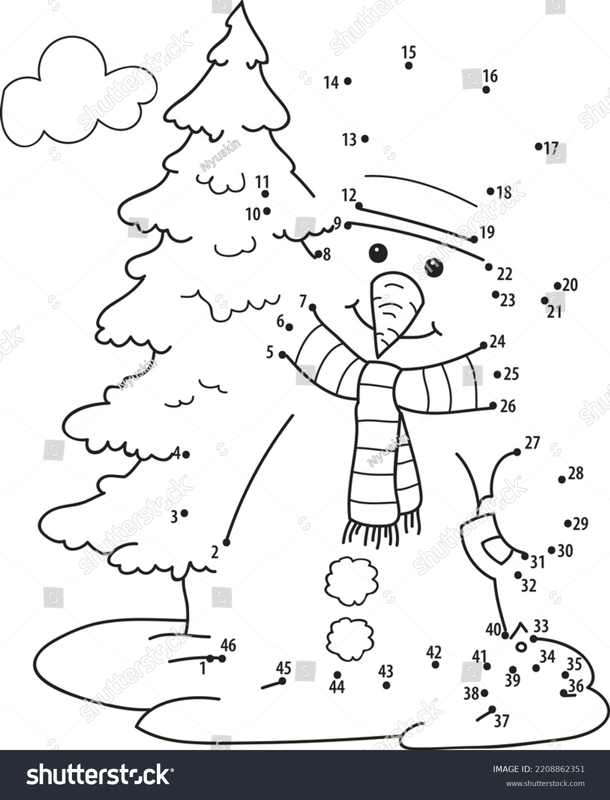 Connect dots snowman coloring page outline stock vector royalty free