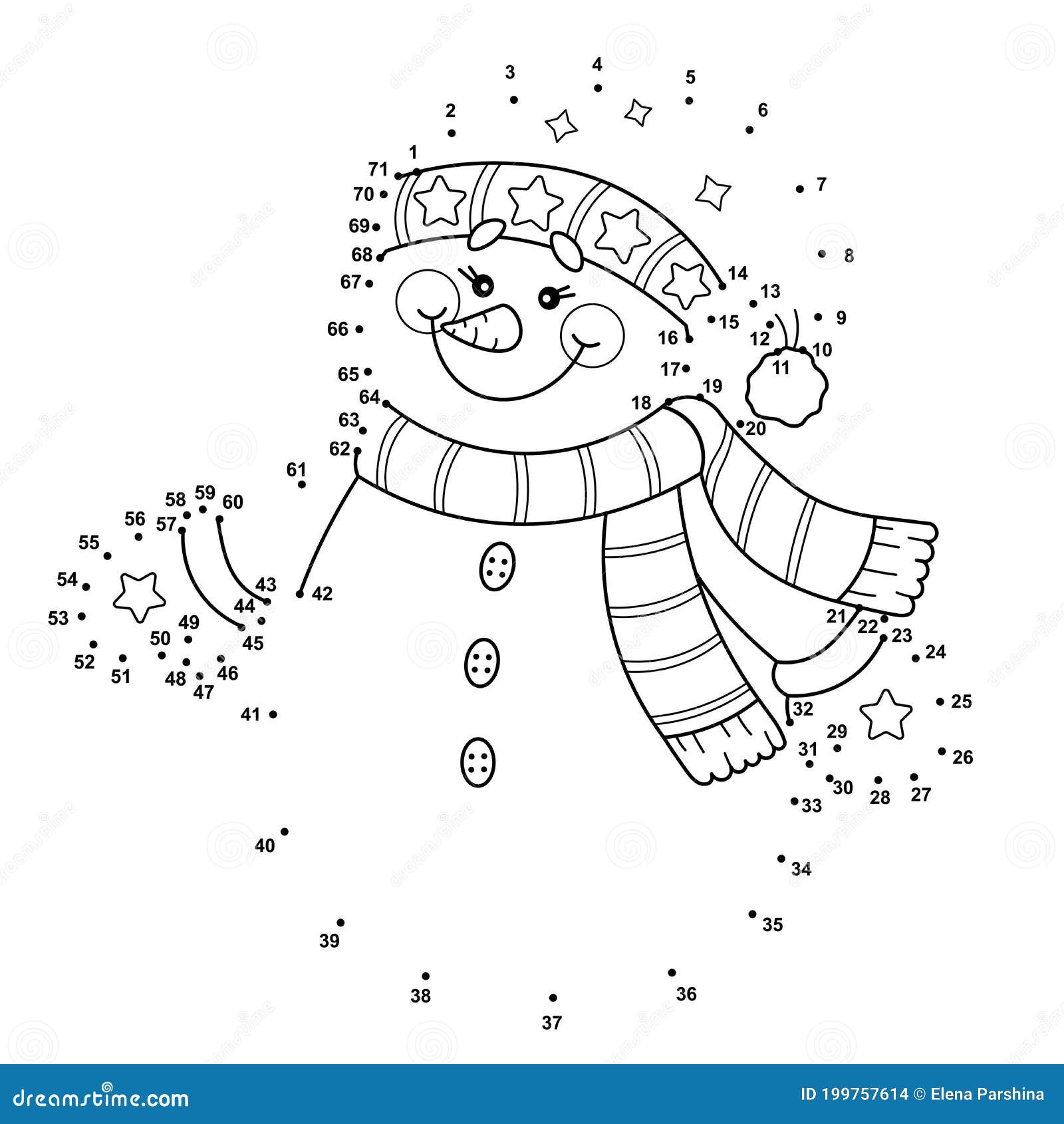 Winter dot to dot christmas snowman for kids black and white illustration isolated on white background stock vector