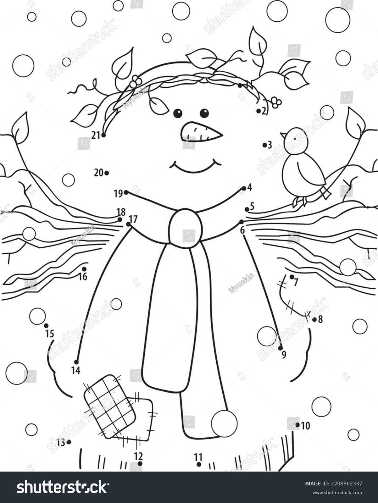 Connect dots snowman coloring page outline stock vector royalty free