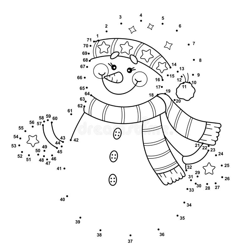 Winter dot to dot christmas snowman for kids black and white illustration isolated on white background stock vector