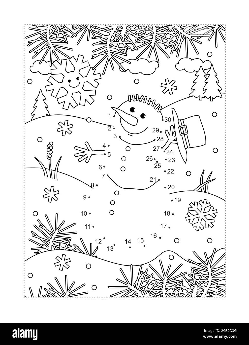 Snowman join the dots puzzle and coloring page stock photo