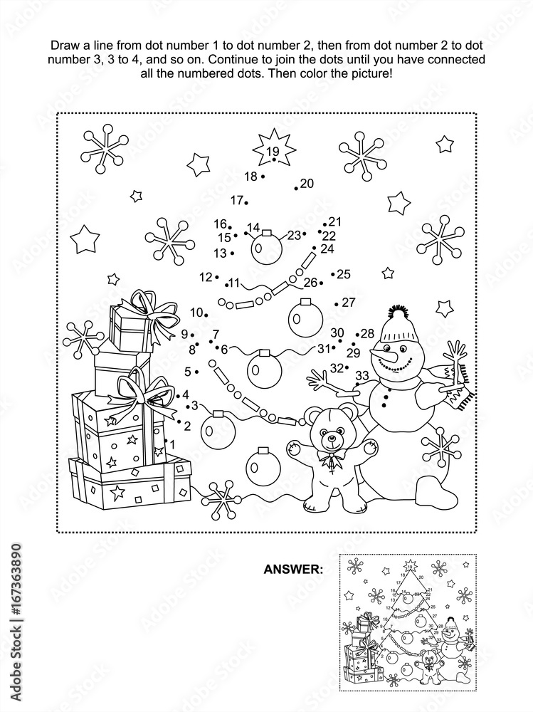 Connect the dots picture puzzle and coloring page christmas or new year winter holiday themed with gift boxes christmas tree snowman teddy bear snowflakes vector