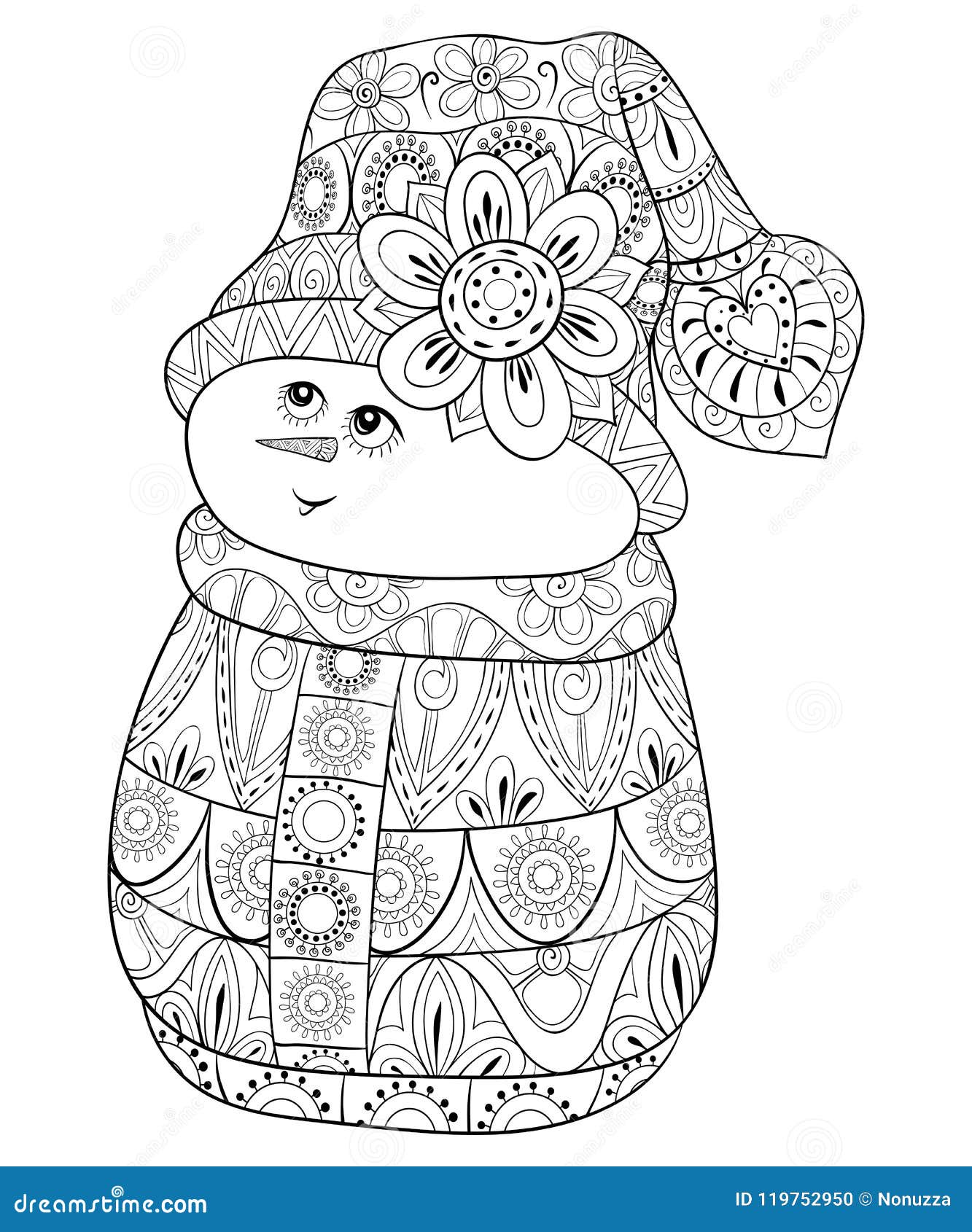 Adult coloring bookpage a cute snowman for relaxingzen art style illustration stock vector