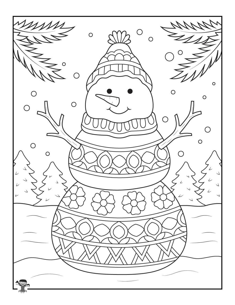 Cute snowman in winter coloring page