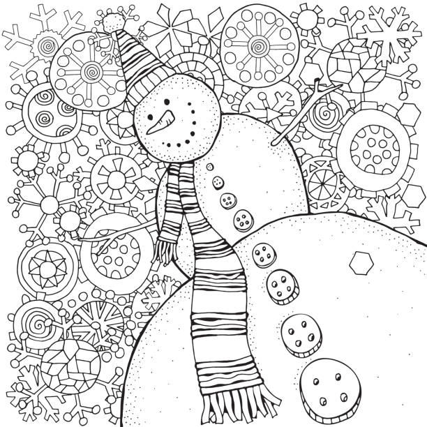 Cheerful snowman and snowflakes winter snow sled carrot buttons merry christmas happy new year pattern for adult coloring book black and white stock illustration