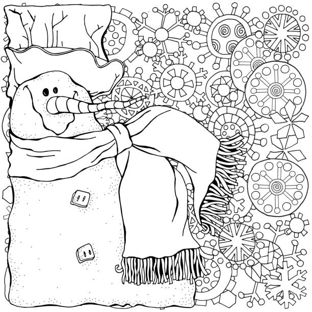 Cheerful snowman and snow winter merry christmas happy new year pattern for adult coloring book black and white stock illustration