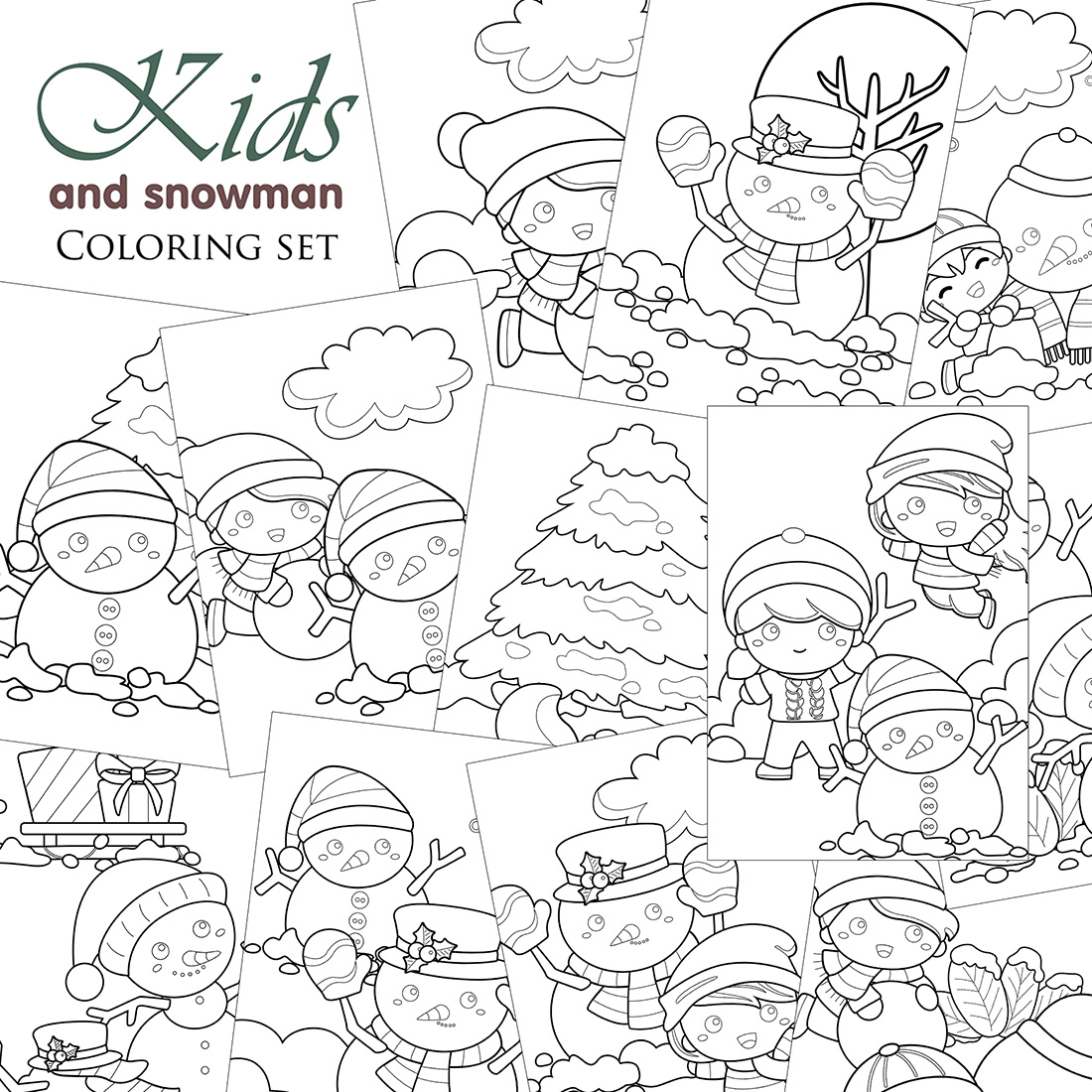 Cute happy little boy and girl making snowman on christmas holiday cartoon coloring set pages for kids and adult