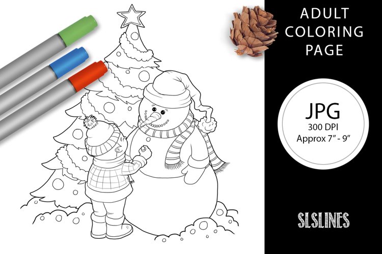 Boy and snowman christmas scene adult coloring page