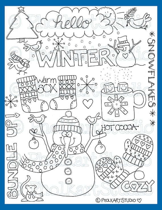 Kids coloring page hello winter childrens hand drawn printable coloring cute winter birds whimsical snowman bundle up pholkartstudio download now