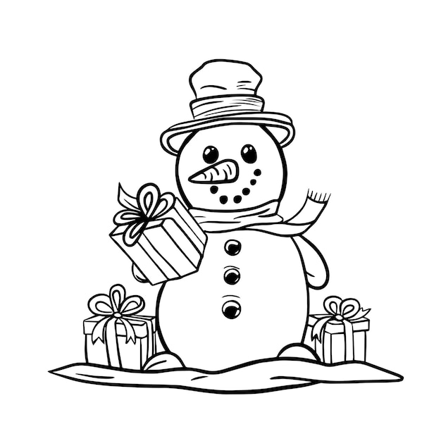 Premium vector coloring page of cute snowman with gifts for preschool children educational worksheet