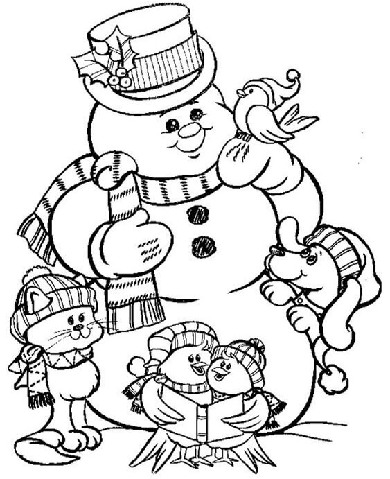 Snowman with animals in winter coloring page
