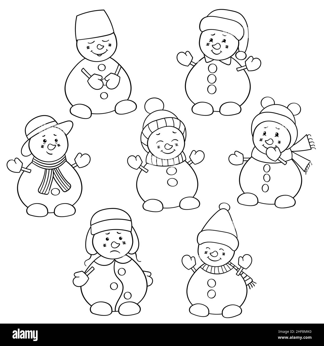 Vector coloring page with cute christmas snowmen in winter hats stock vector image art