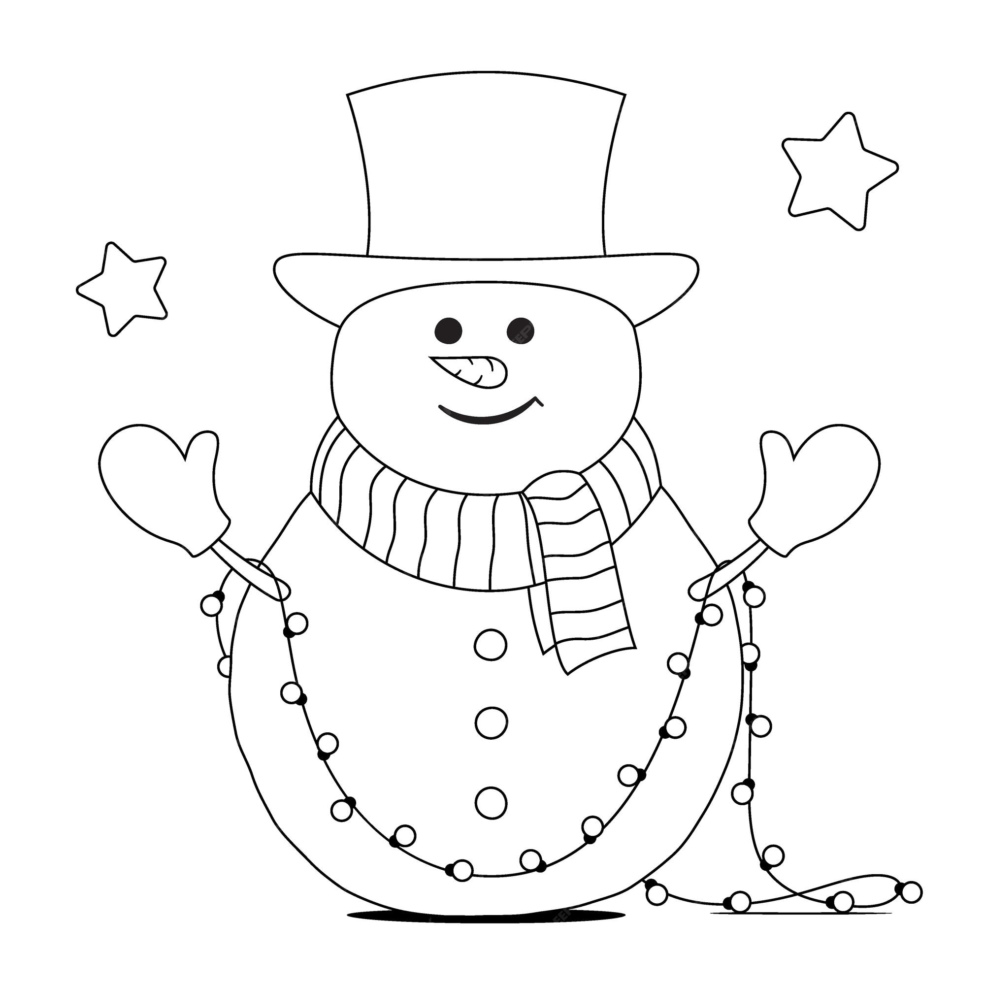 Premium vector happy snowman with top hat and christmas lights coloring book page outline vector illustration