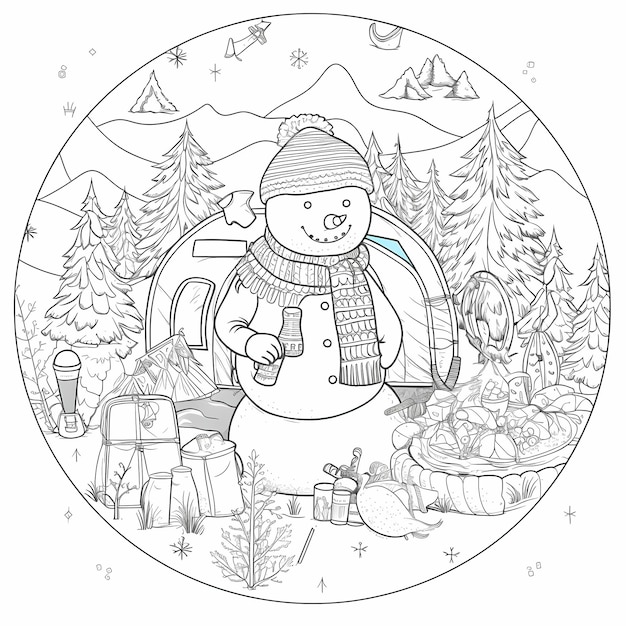 Premium ai image simply sophisticated basic black and white snowman top hat line art coloring page