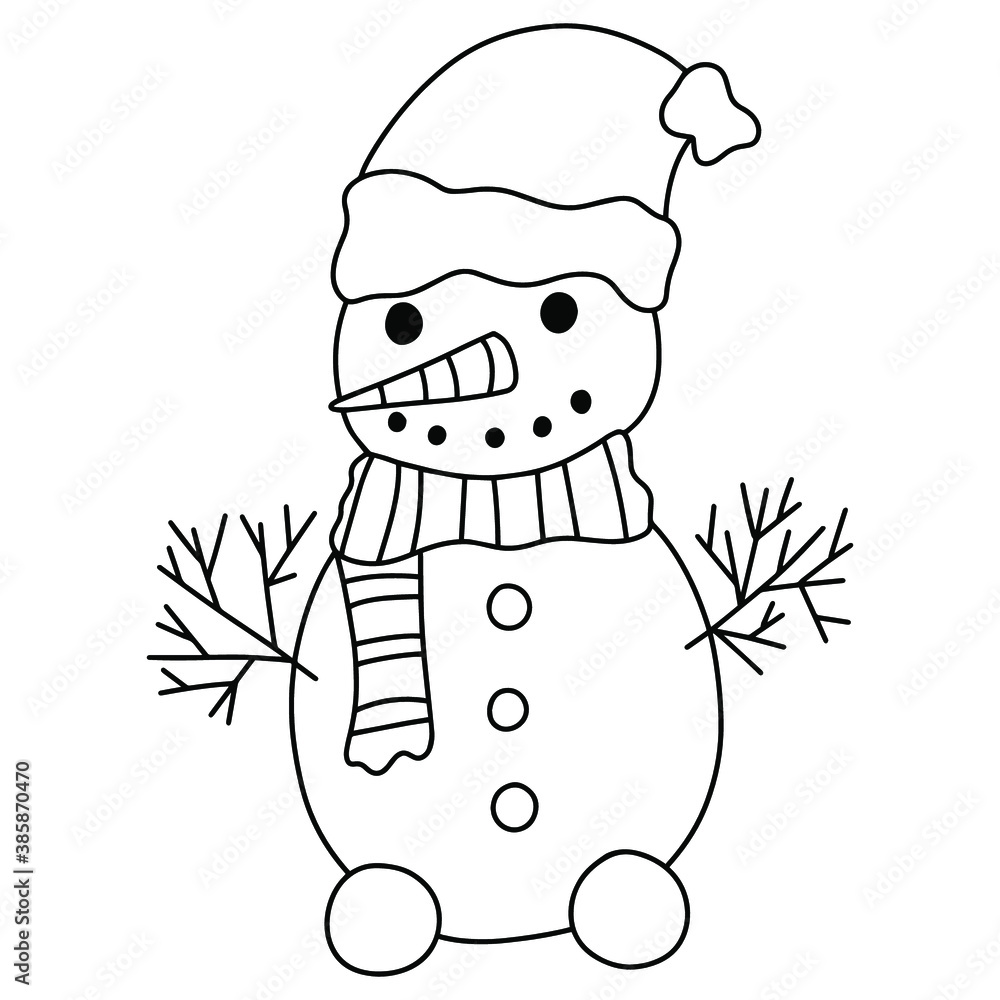 Funny snowman with hat and scarf winter coloring page vector illustration smiling simple cartoon snowman black outline white isolated winter holidays children printable coloring page for fun vector