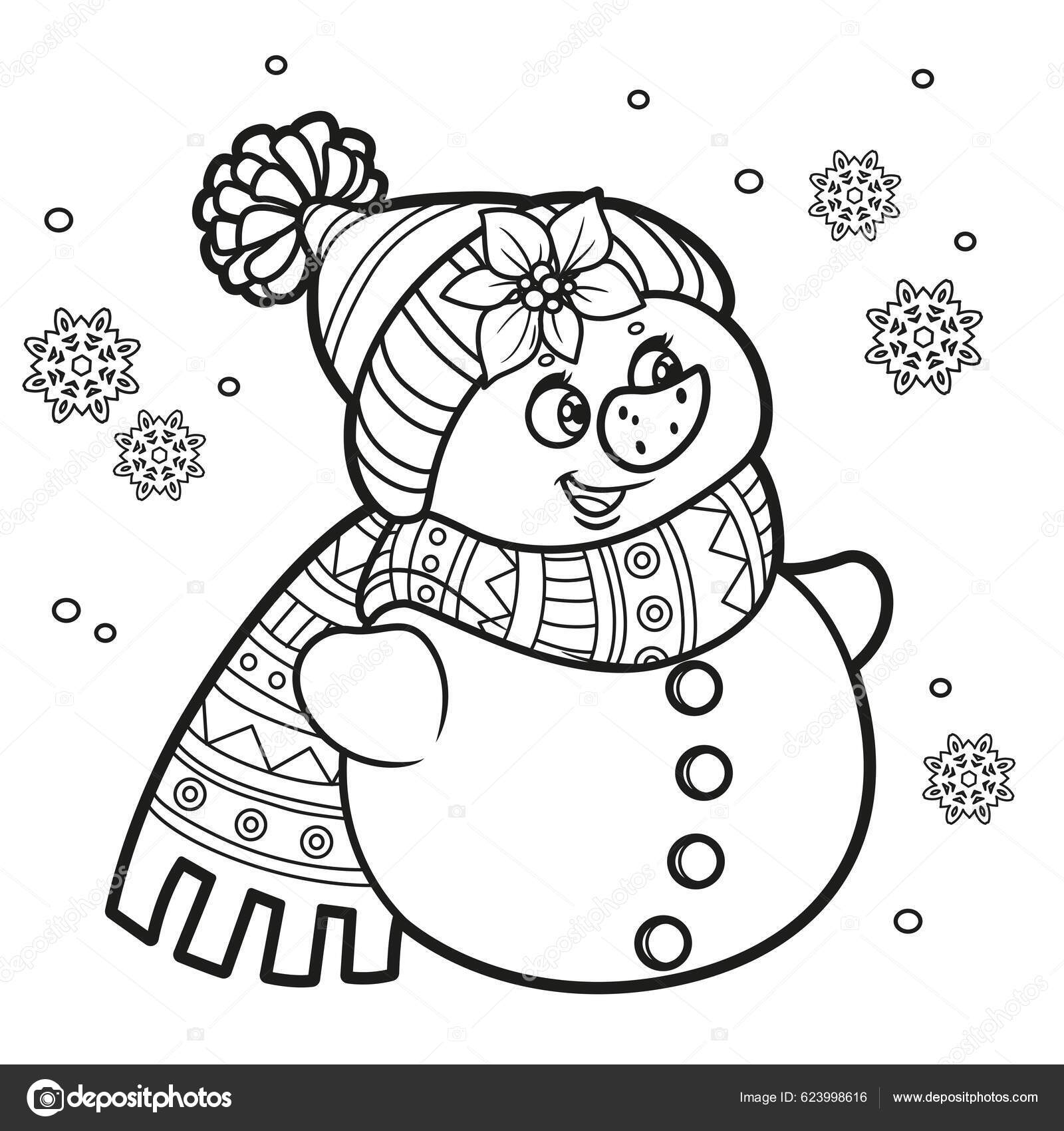 Cute cartoon christmas snowman warm hat scarf outlined coloring page stock vector by yadviga