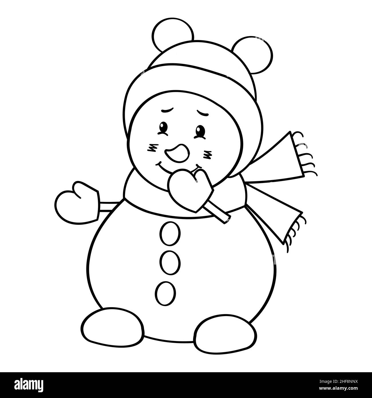 Vector coloring page with a cute snowman in a winter hat stock vector image art