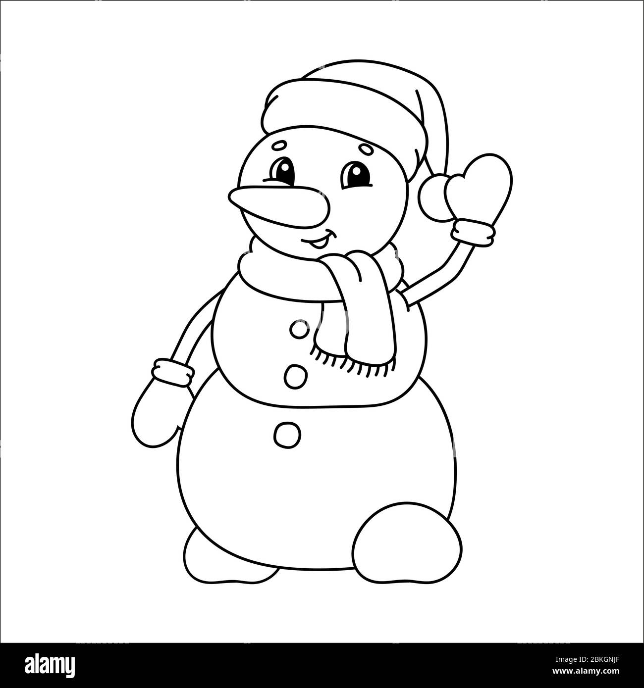 Coloring book for kids christmas snowman in a hat and scarf waving cartoon character vector illustration black contour silhouette isolated on whi stock vector image art