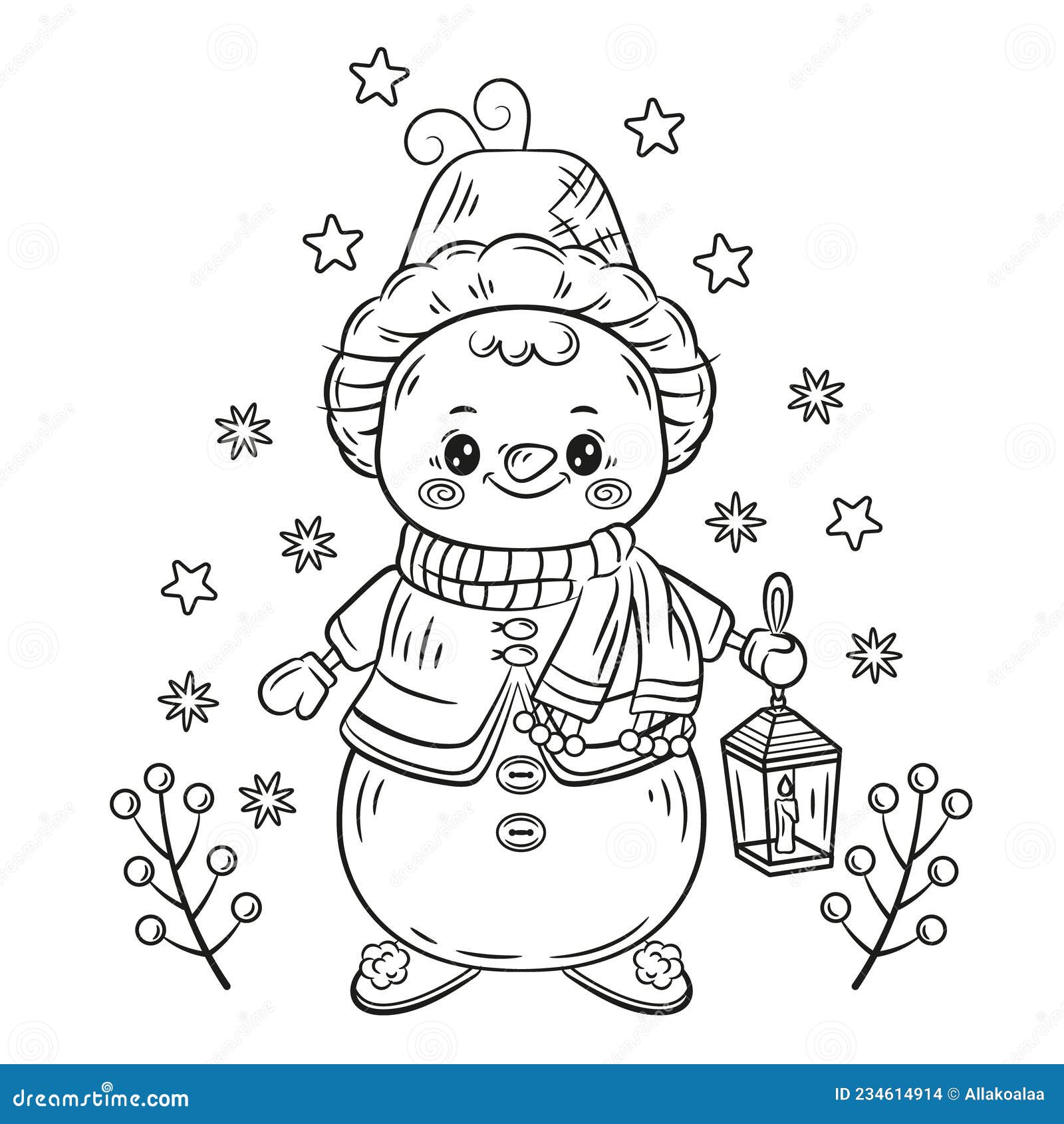 Cute winter snowman christmas children coloring page ice snow man from snowballs in hat kids colouring book black outline vector stock vector