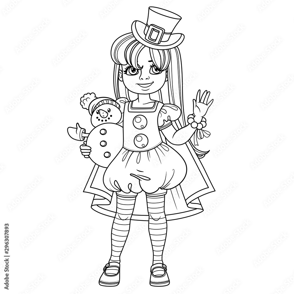 Cute girl in carnival costume snowman in top hat and red cloak and with a toy in hand outlined for coloring page vector