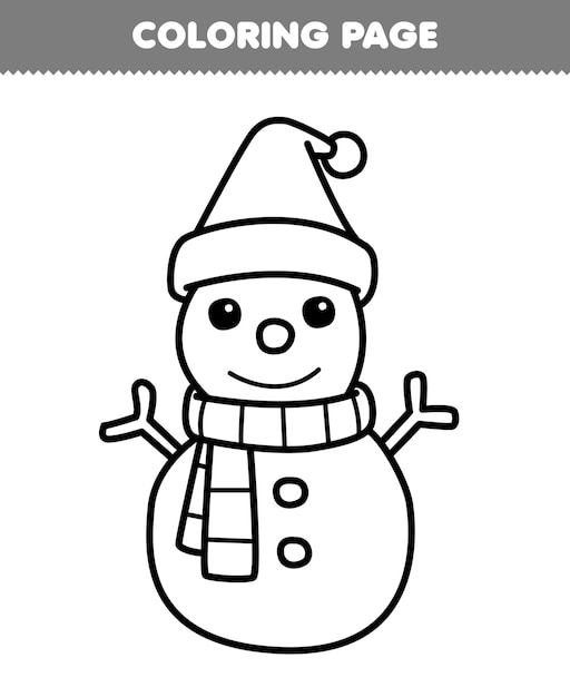 Premium vector education game for children coloring page of cute cartoon snowman wearing hat and scarf line art printable winter worksheet
