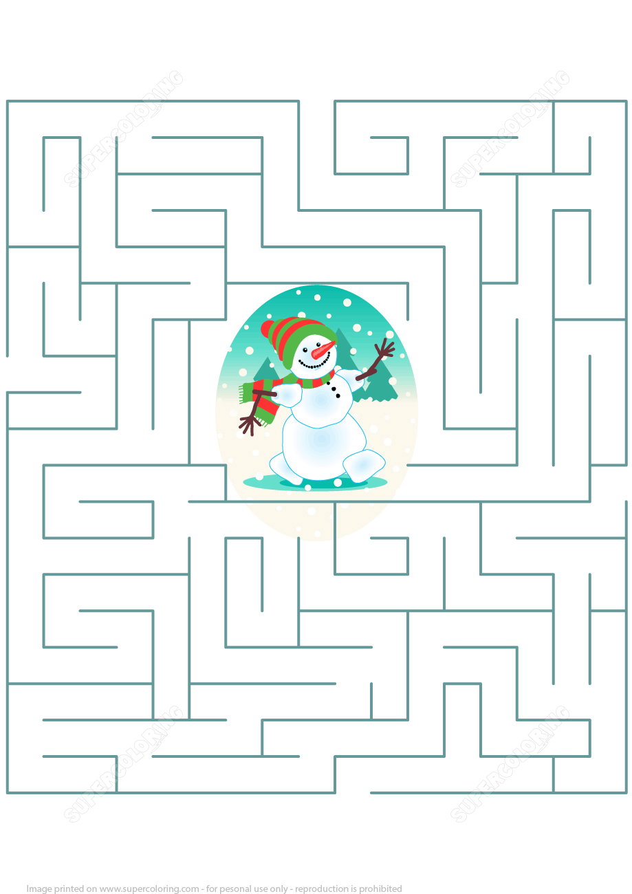 Help the snowman to get out of the maze puzzle free printable puzzle games