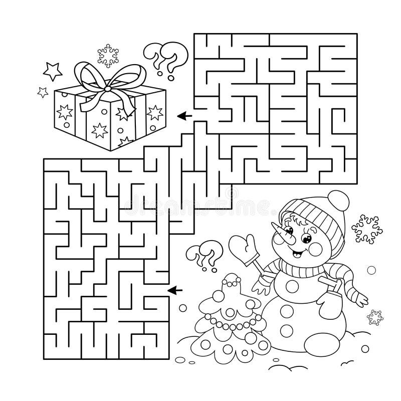 Maze or labyrinth game puzzle coloring page outline of snowman with christmas tree new year christmas stock vector