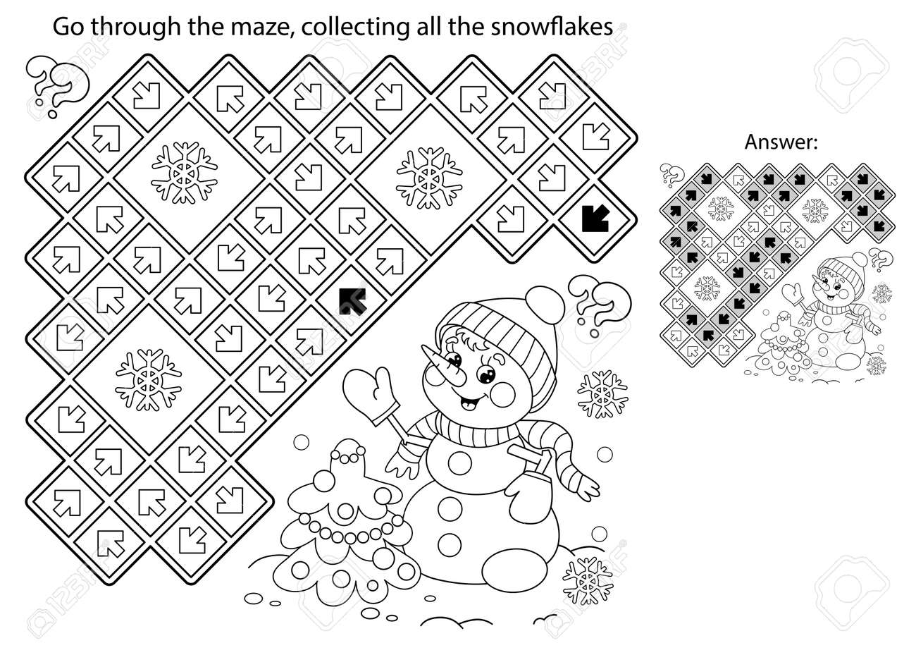 Maze or labyrinth game puzzle coloring page outline of snowman with christmas tree new year christmas coloring book for kids royalty free svg cliparts vectors and stock illustration image