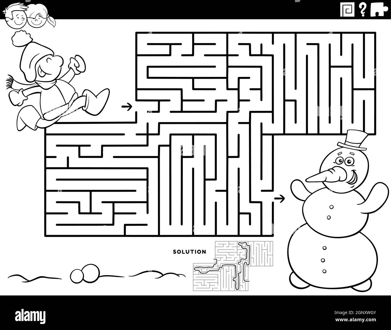 Maze game with boy and snowman coloring book page stock vector image art