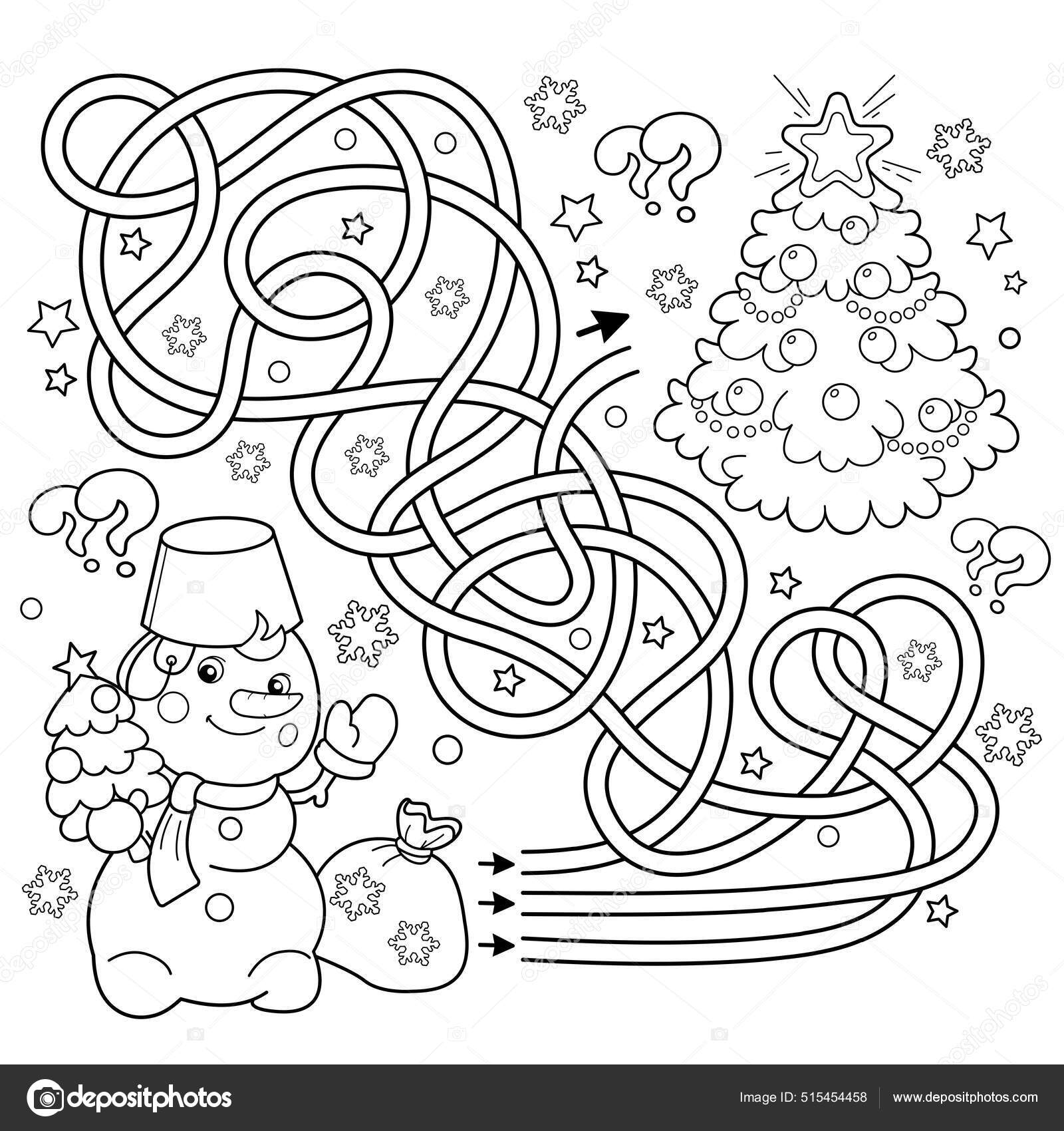 Maze labyrinth game puzzle tangled road coloring page outline snowman stock vector by oleon