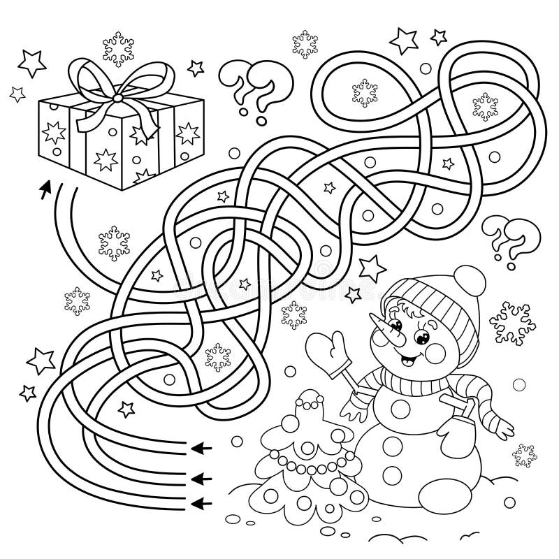 Maze or labyrinth game puzzle tangled road coloring page outline of snowman with christmas tree new year christmas stock vector