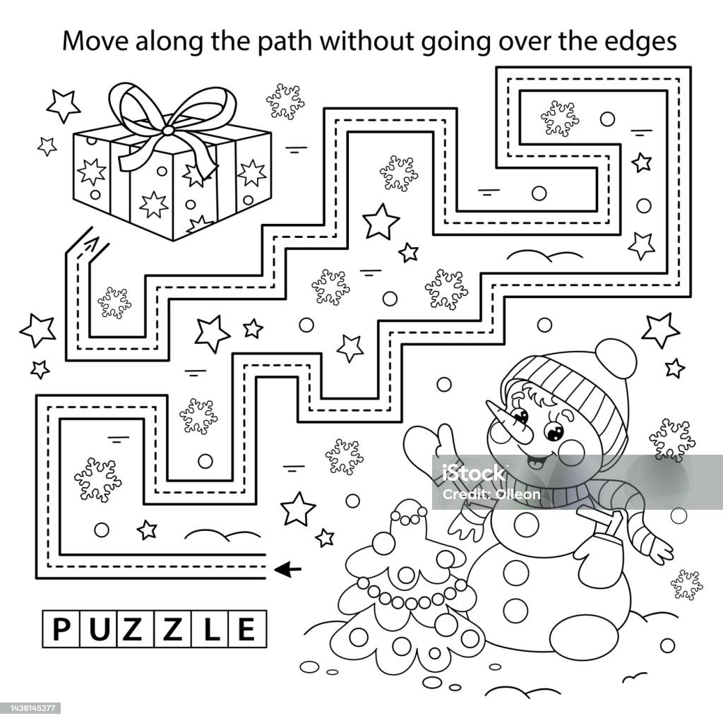 Handwriting practice sheet simple educational game or maze coloring page outline of cartoon snowman with christmas tree and gifts new year christmas coloring book for kids stock illustration