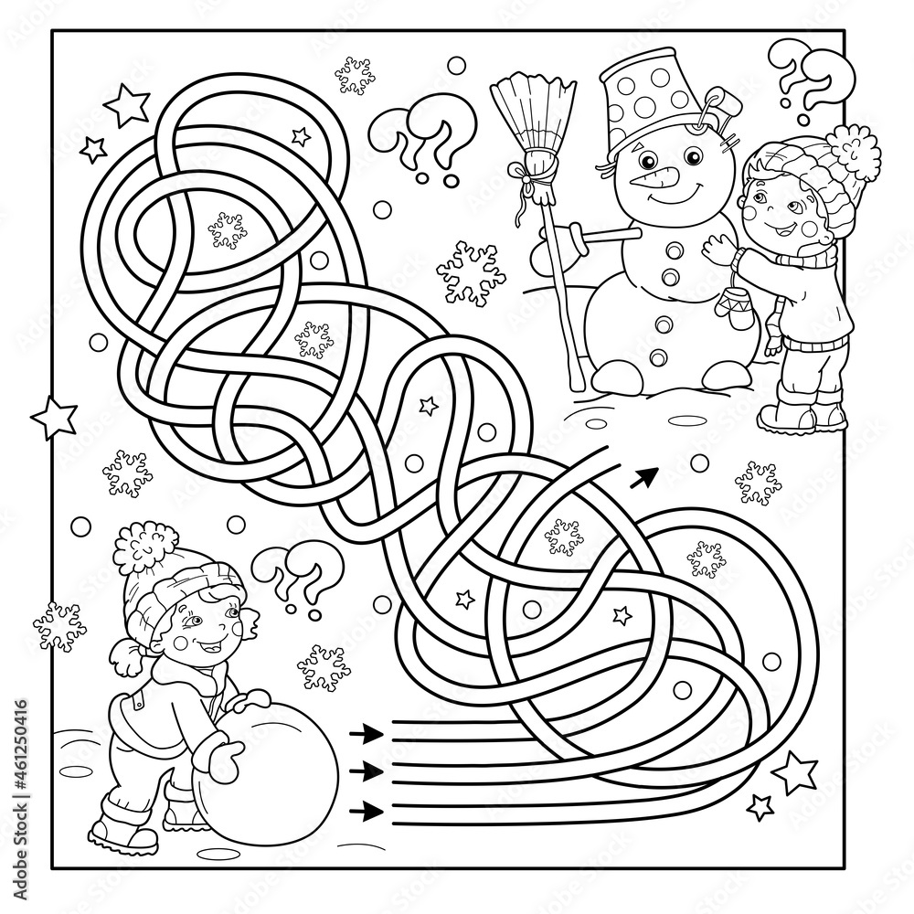 Maze or labyrinth game puzzle tangled road coloring page outline of cartoon boy with girl making snowman together winter coloring book for kids vector