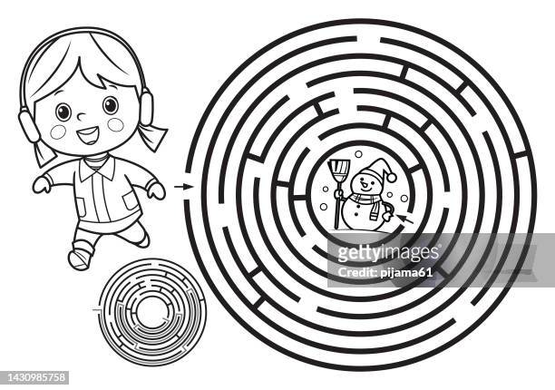 Black and white maze game for children little girl and snowman high