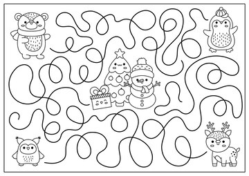 Premium vector christmas black and white maze for kids winter line holiday preschool printable activity with cute kawaii deer penguin bear tree snowman new year labyrinth game puzzle or coloring page