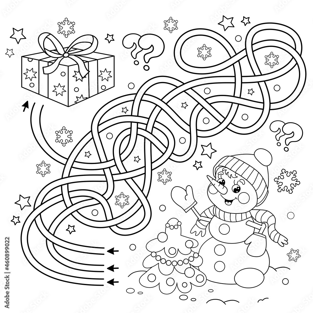 Maze or labyrinth game puzzle tangled road coloring page outline of snowman with christmas tree new year christmas coloring book for kids vector