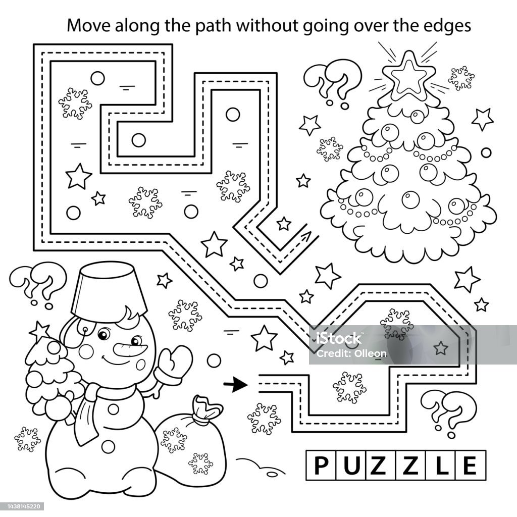 Handwriting practice sheet simple educational game or maze coloring page outline of cartoon snowman with christmas tree and gifts new year christmas coloring book for kids stock illustration