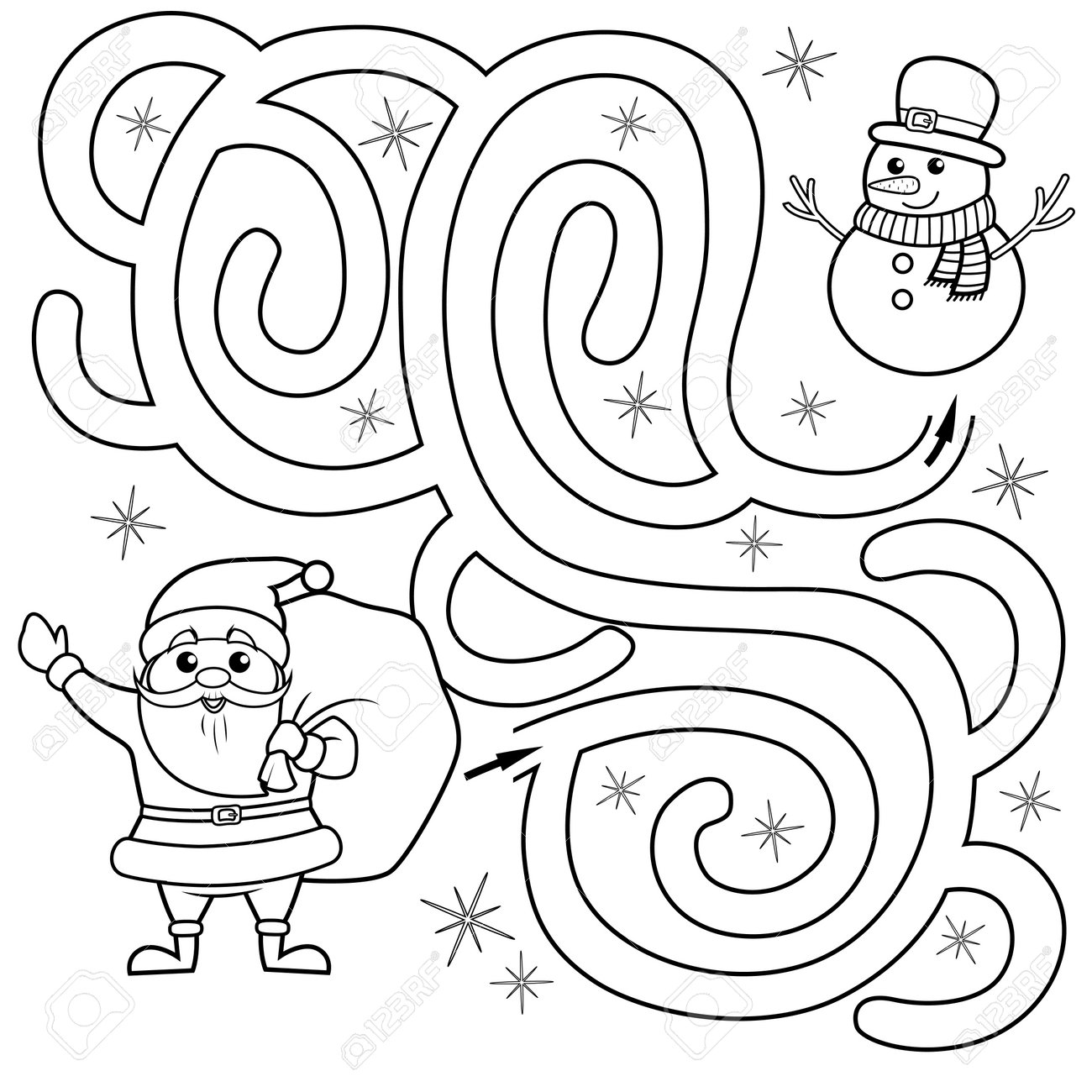 Help santa claus find path to snowman labyrinth maze game for kids black and white vector illustration for coloring book royalty free svg cliparts vectors and stock illustration image