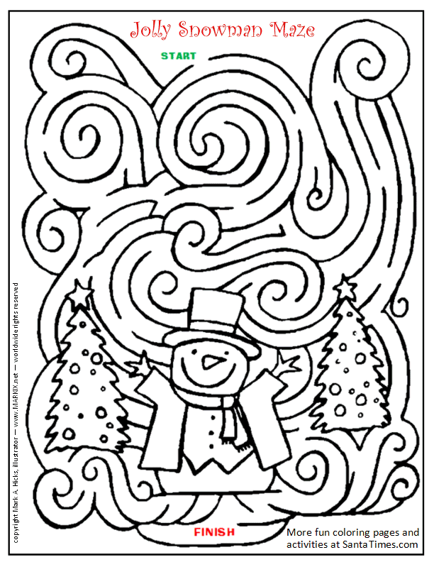 Fun and challenging jolly snowman christmas maze and coloring page