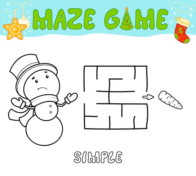 Premium vector christmas maze puzzle game for children simple outline maze or labyrinth game with christmas snowman