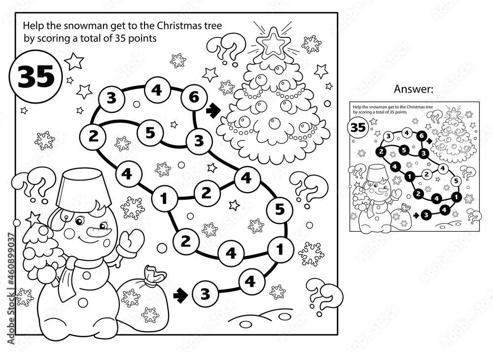 Math addition game puzzle for kids maze coloring page outline of snowman with christmas tree new year christmas coloring book for children vector