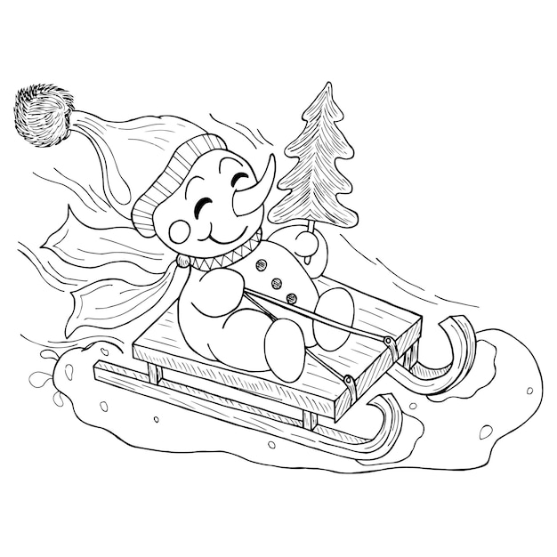 Premium vector a cheerful snowman riding on a holiday on a sled with a christmas tree