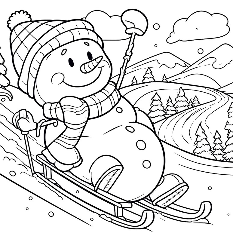 Coloring page snowman sledding