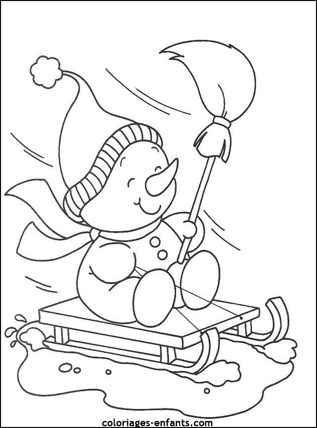 Online coloring pages winter coloring snowman on a sled coloring winter