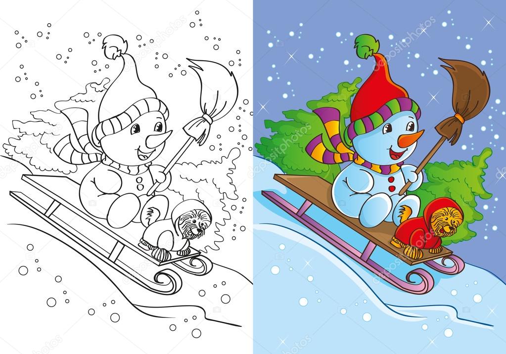 Coloring book of snowman with dog rides stock vector by ingasmk