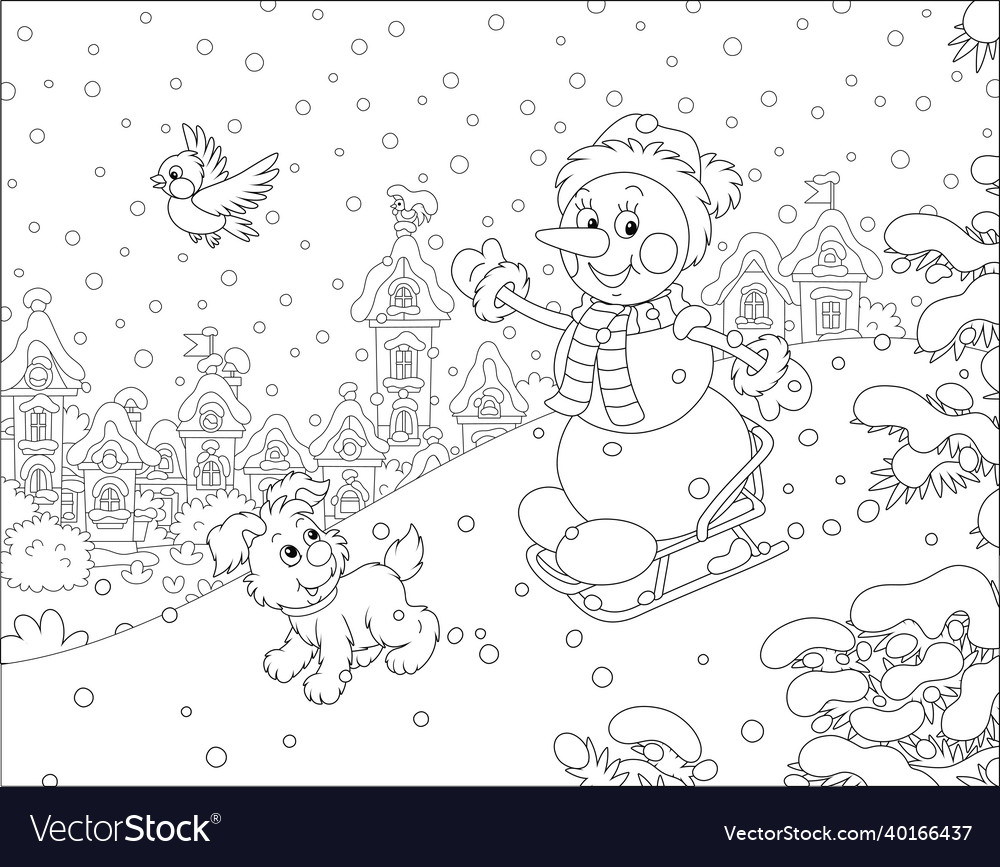 Little snowman sledding down a snow hill vector image