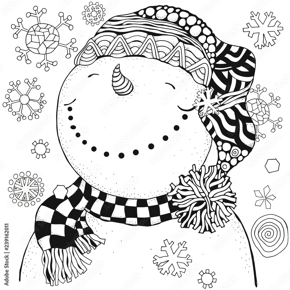 Cheerful snowman and snowflakes winter snow sled carrot buttons merry christmas happy new year adult coloring book black and white vector