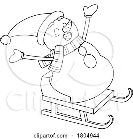 Cartoon black and white xmas snowman sledding by hit toon